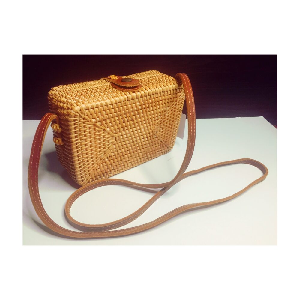 Raffia Box Bag With Leather Strap Blue and White Interior Jacqueline