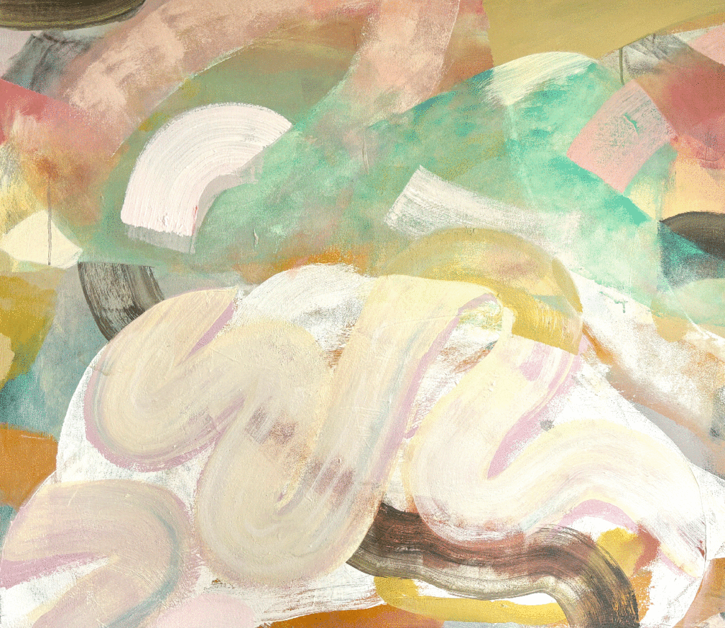 Cloudbusting- Aloft, 2024, acrylic & oil stick on canvas, 90 x 105cm