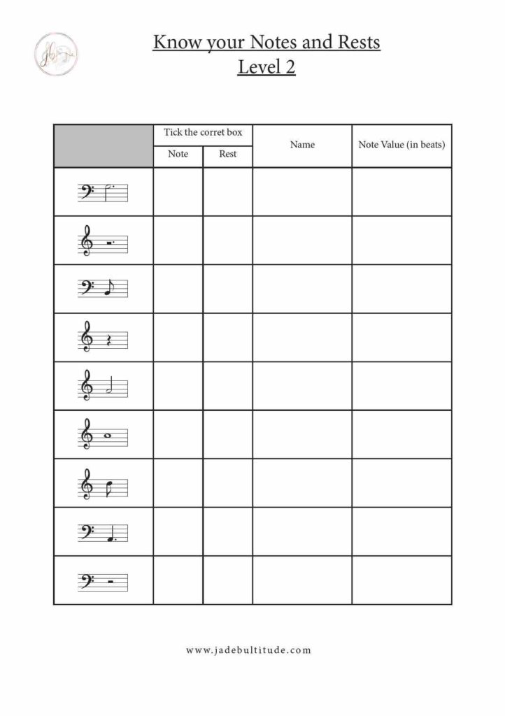 Know your Notes and Rests Worksheets Jade Bultitude