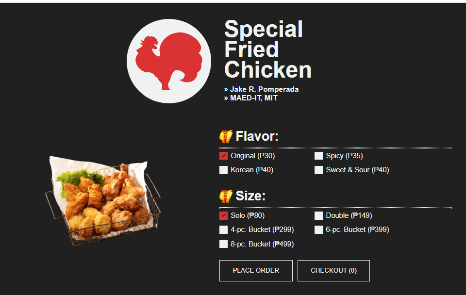 Fried Chicken Ordering System in PHP and MySQL Free Computer
