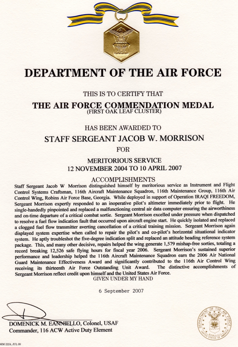 Awarded the Air Force Commendation Medal First Oak Leaf Cluster