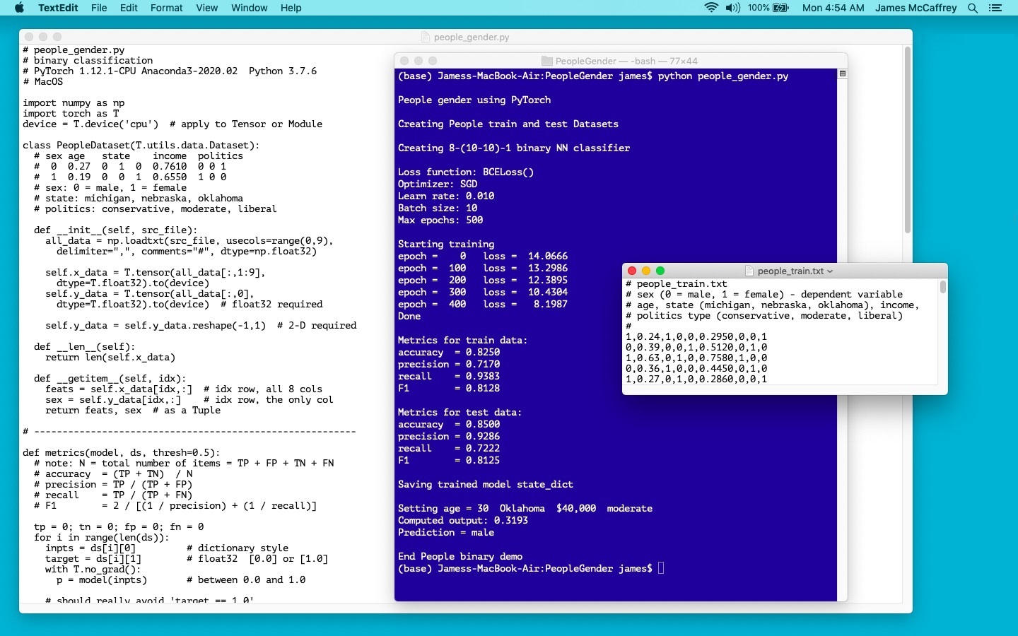 Binary Classification Using PyTorch 1.12.1CPU on MacOS James D