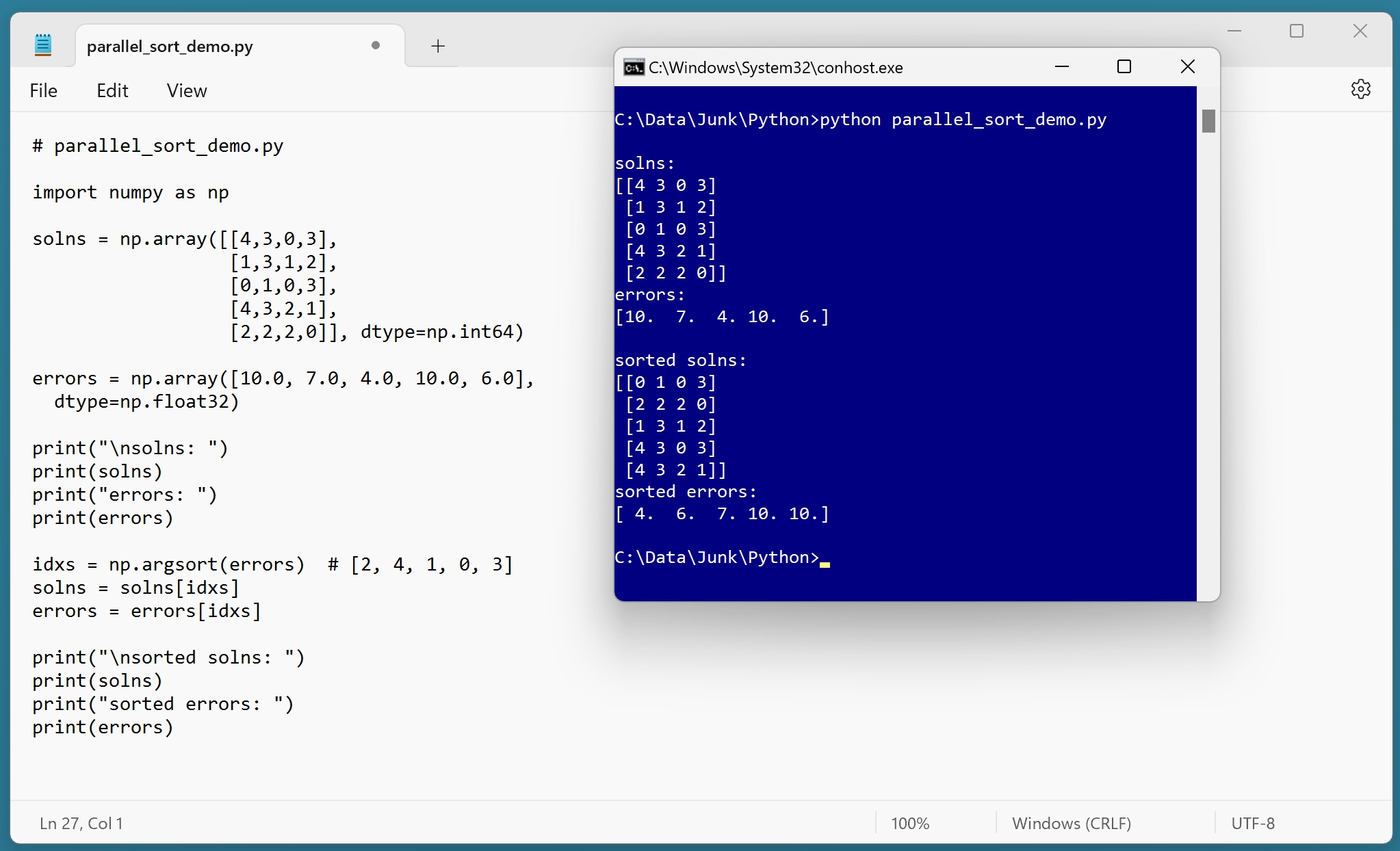 Sorting Python Parallel Arrays Using the np.argsort() Function James D. McCaffrey