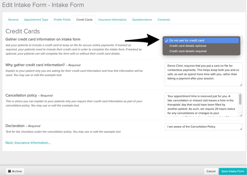 Collect Credit Cards on Intake Forms 💳 Jane App