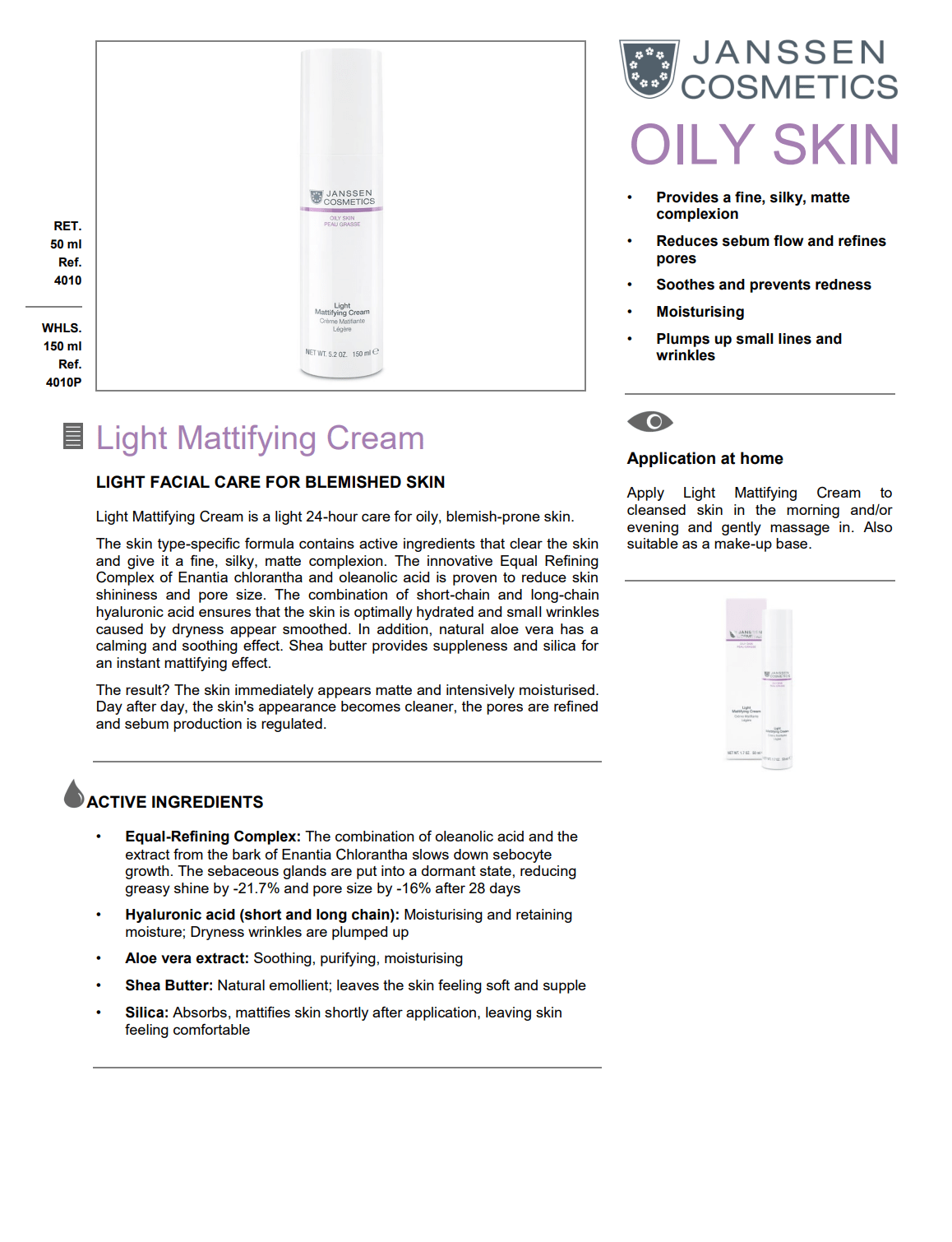 LIGHT MATTIFYING CREAM 50ML Janssen Cosmetics USA