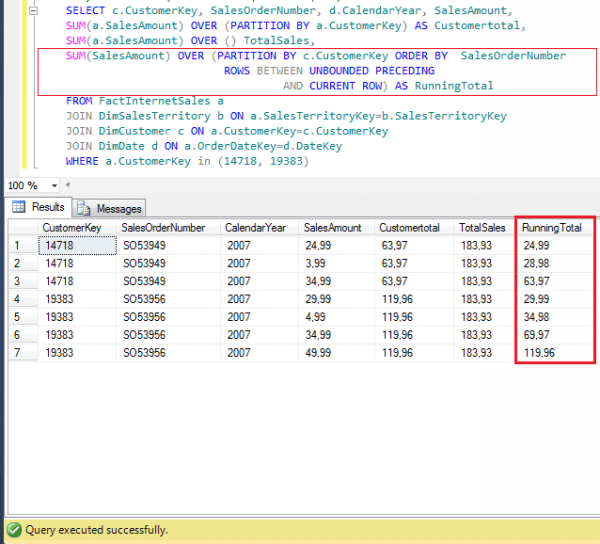 SQL OVER() with PARTITION BY Definition, Example wint ROWS BETWEEN