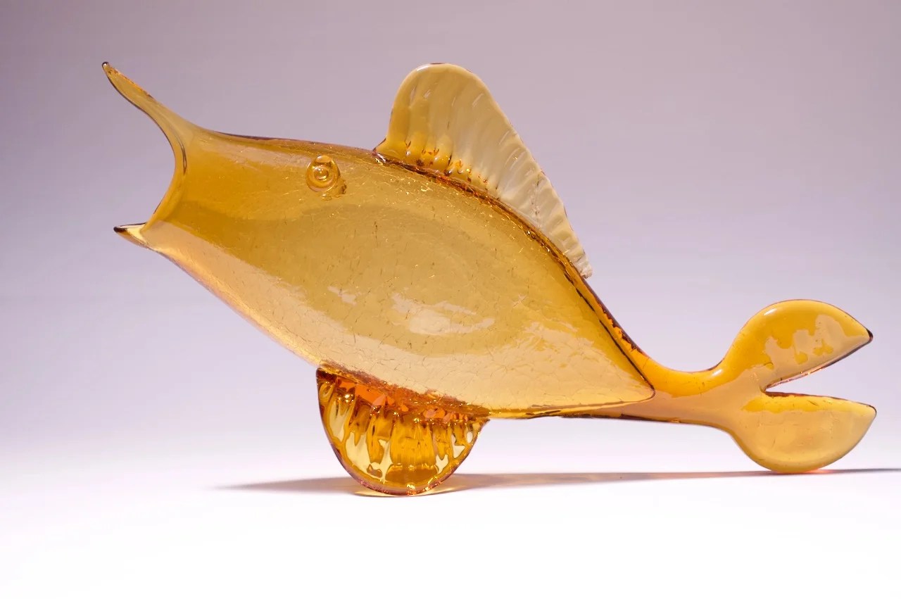 Amber Blown Crackle Glass Fish Sculpture by Rainbow Glass Jarontiques