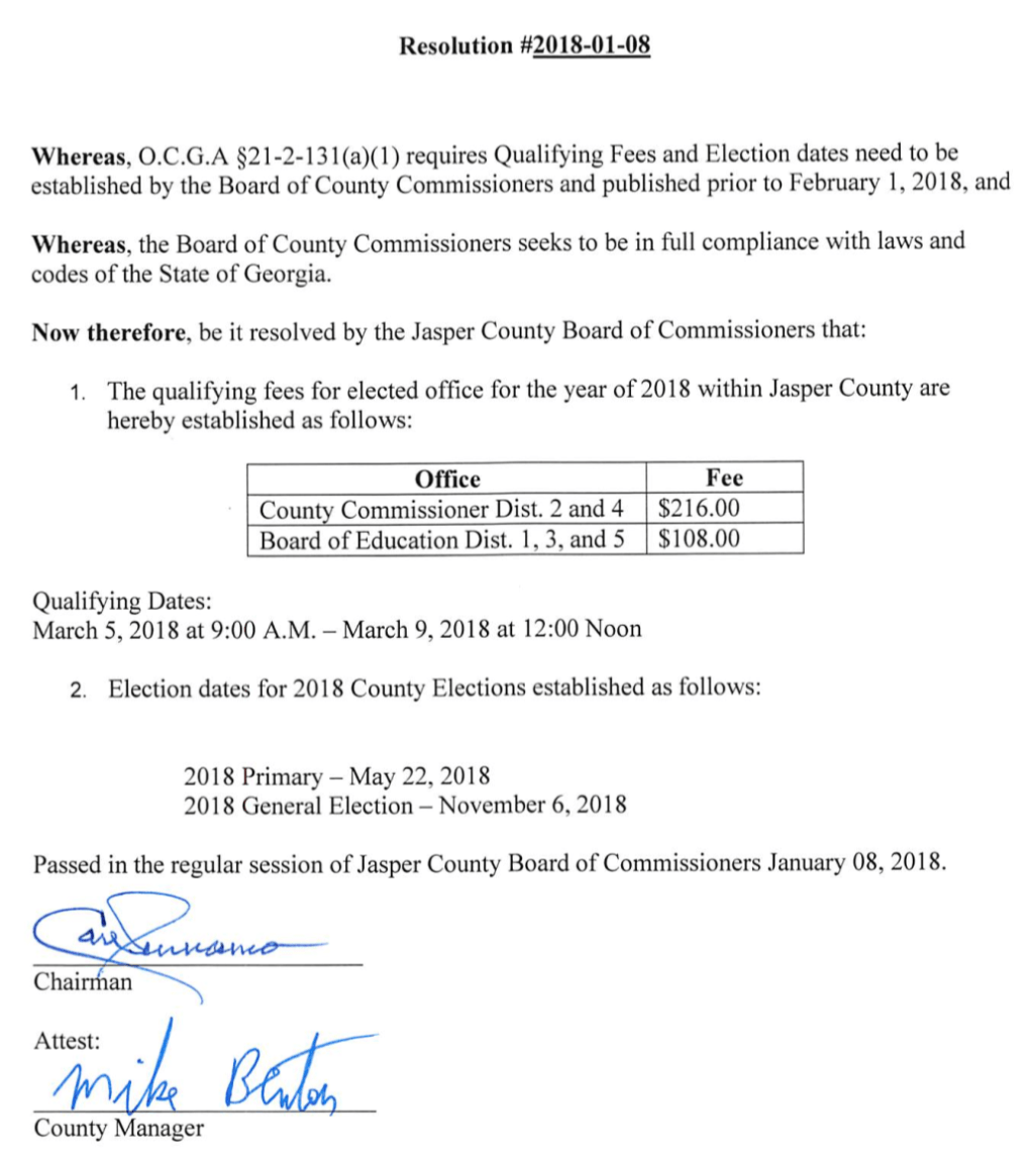 Resolution for election Jasper County