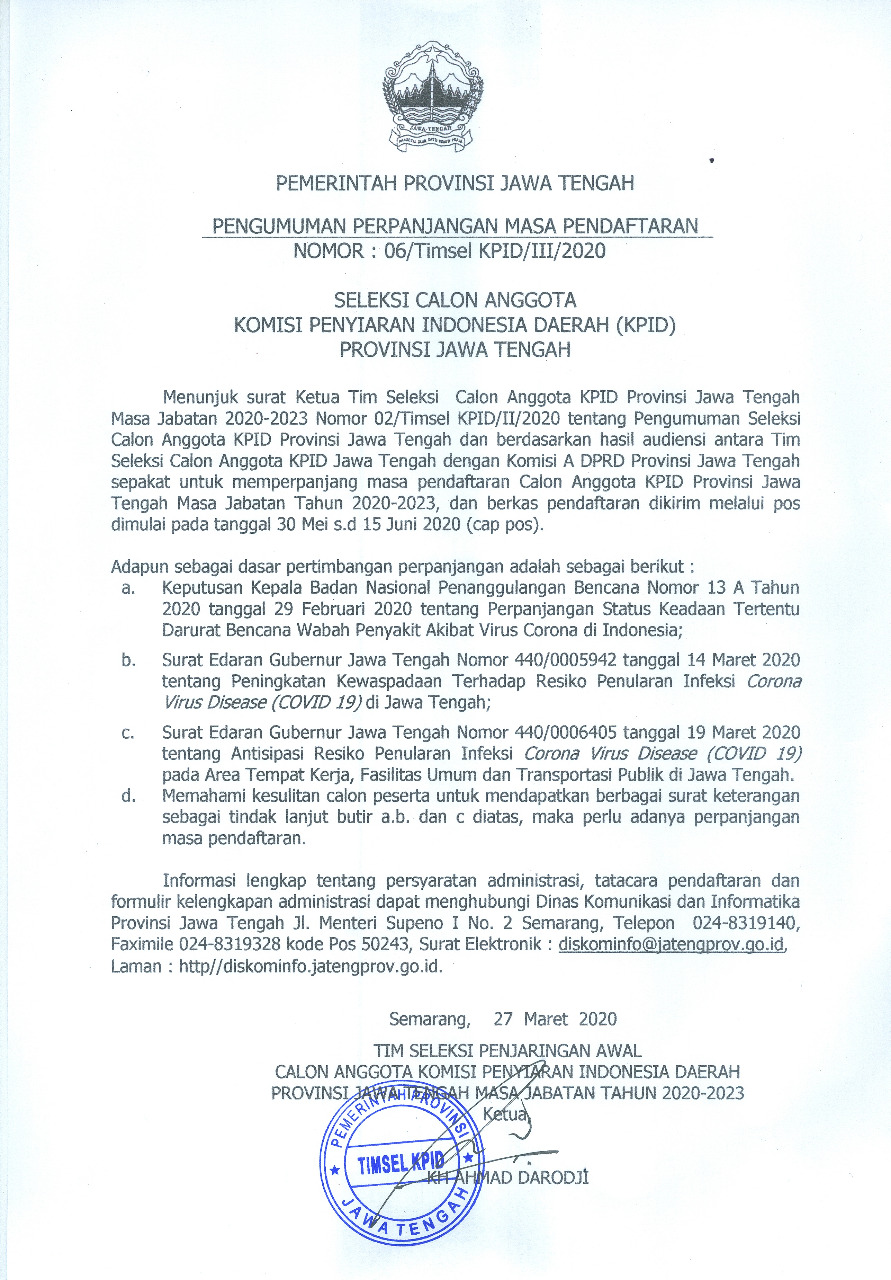 Pendaftaran Calon Anggota KPID Jateng Diperpanjang - Pemerintah Provinsi  Jawa Tengah