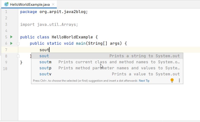 System.out.println shortcut in intellij Java2Blog