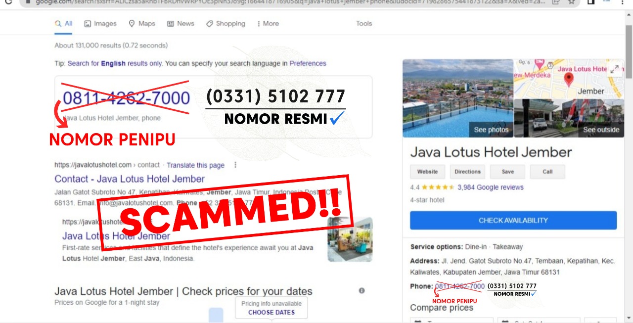 PENGUMUMAN Nomer Resmi Telepon dan Rekening Bank dari Java Lotus Hotel
