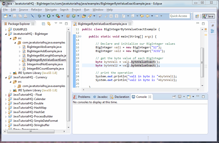 Java BigInteger byteValueExact() method example