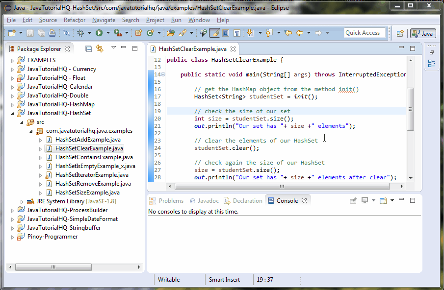 HashSet clear() example output Java Tutorial HQ