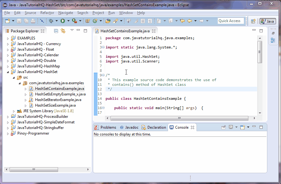 Java HashSet contains() method example