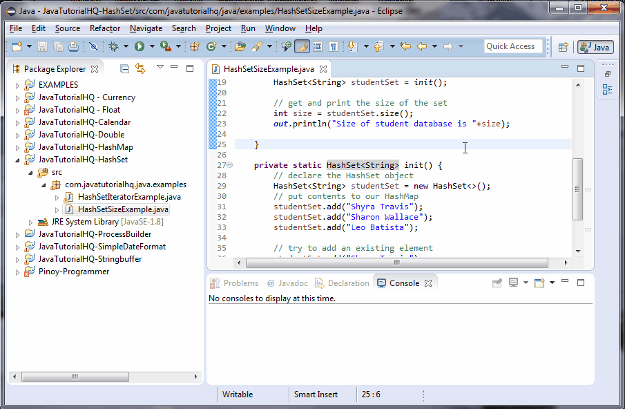 Java HashSet size() method example