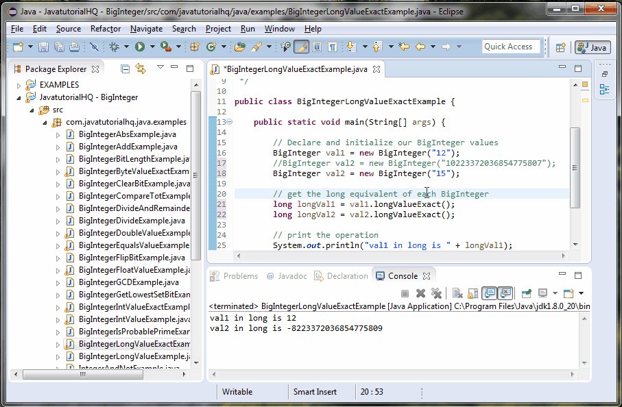 Java BigInteger longValueExact() method example