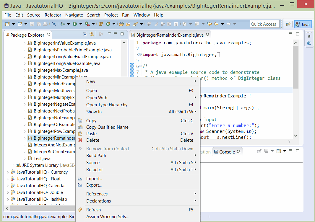 Java BigInteger remainder() method example