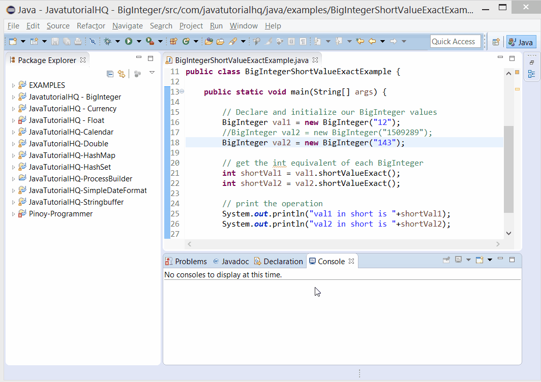 Java BigInteger shortValueExact() method example