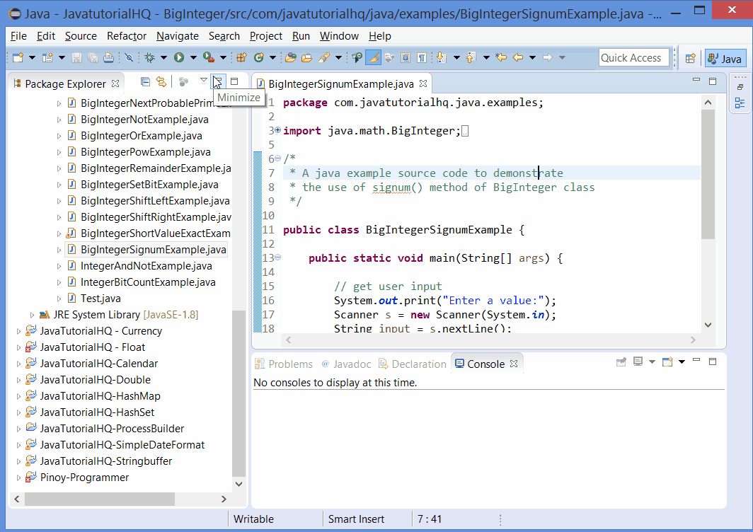 Java BigInteger signum() method example
