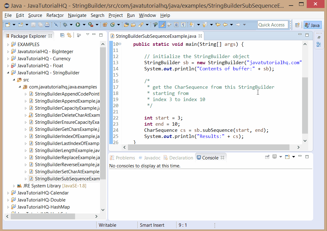Java StringBuilder subSequence() method example