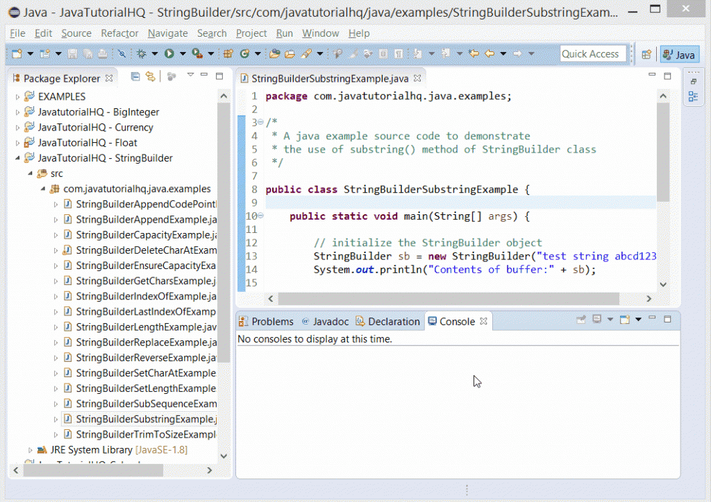 StringBuilder substring() example output Java Tutorial HQ