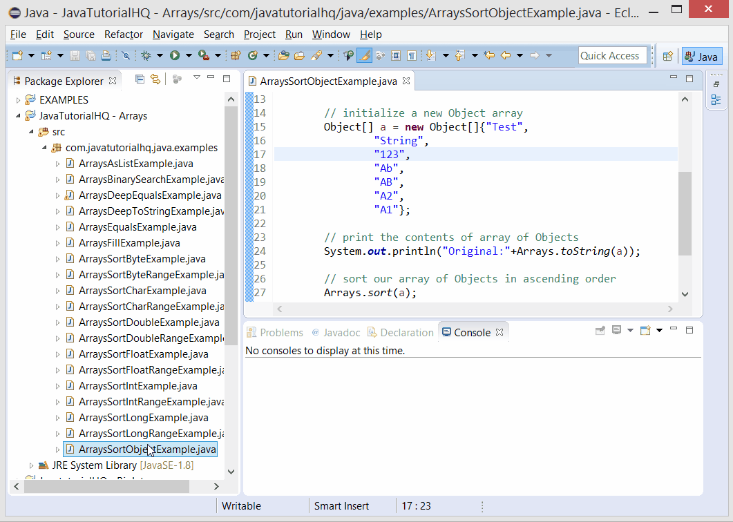 Java Arrays sort(Object[] a) method example