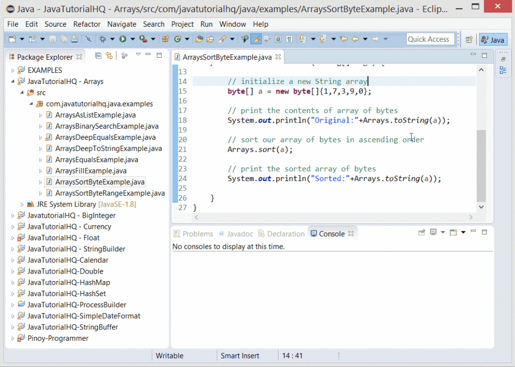 Arrays sort(byte[] a) example output.gi Java Tutorial HQ