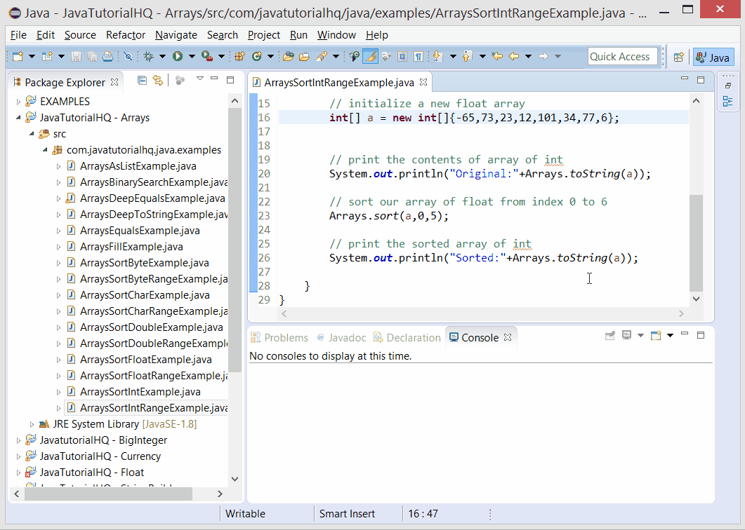 Java Arrays sort(int[] a, int fromIndex, int toIndex) method example