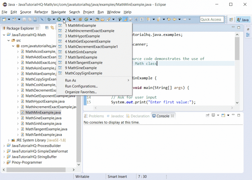 java lang Math min() example output Java Tutorial HQ