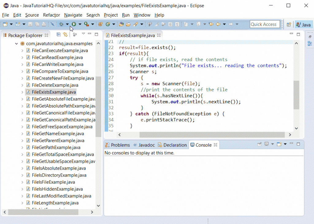java lang File exists() example output Java Tutorial HQ