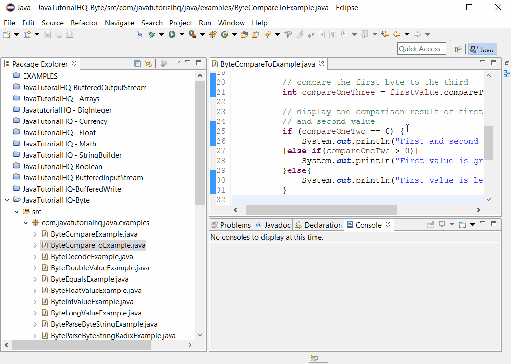 Java Byte compareTo() method example