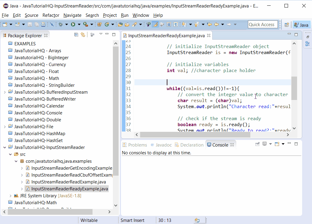 Java InputStreamReader ready() method example