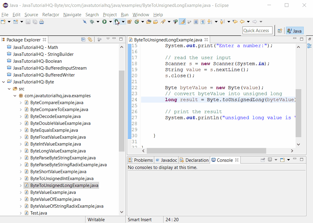 Java Byte toUnsignedLong() method example