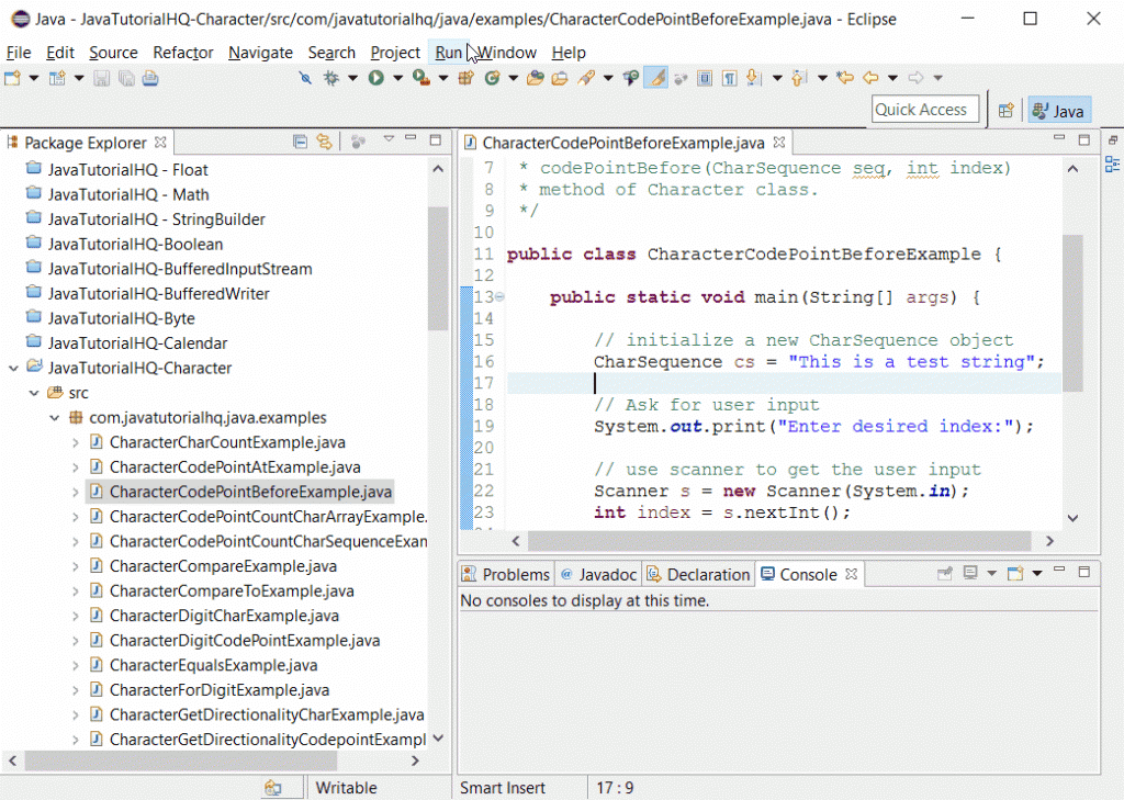 java Character codePointBefore(char[] a, int index) example output