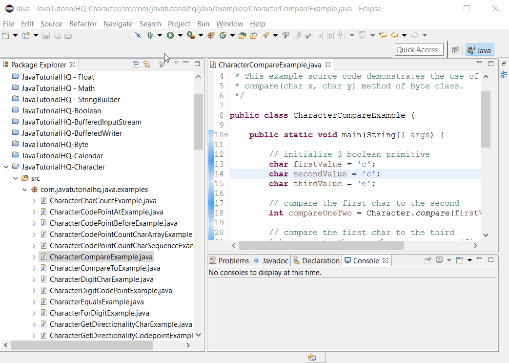 Java Character compare(char x, char y) method example