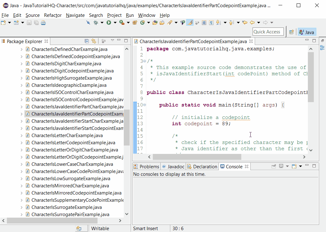 java Character isJavaIdentifierPart(int codePoint) example output Java Tutorial HQ