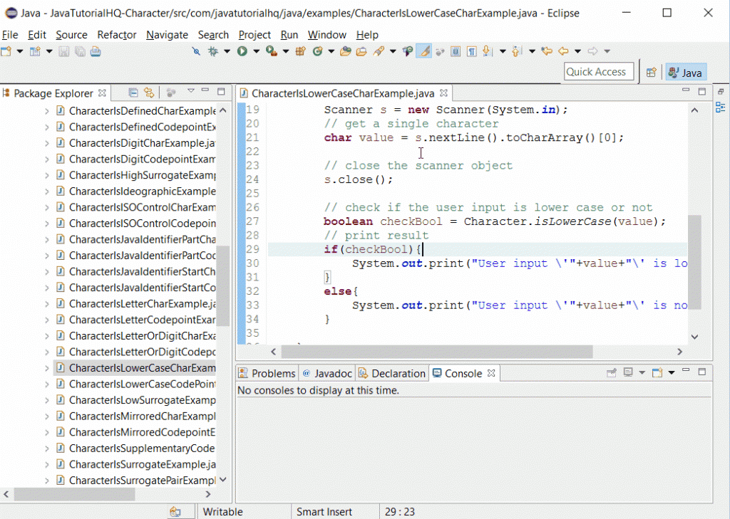 java Character isLowerCase(char ch) example output Java Tutorial HQ