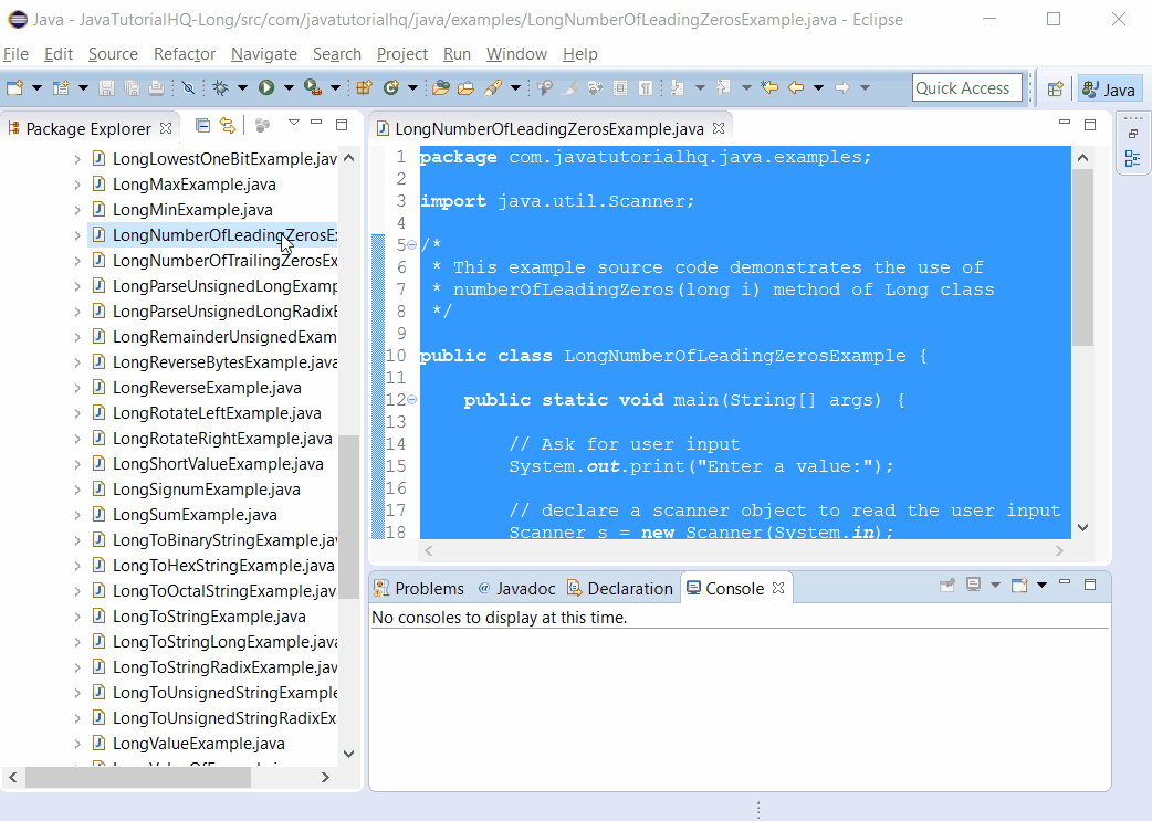 Java Long numberOfLeadingZeros(long i) method example