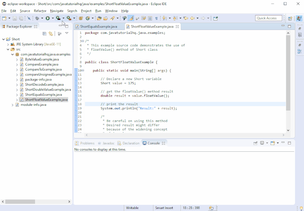 Java Short floatValue method example output Java Tutorial HQ