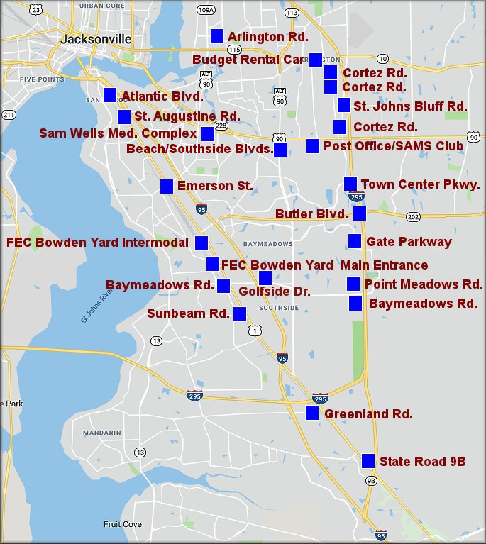 Map showing some Duval County Bulimulus sporadicus sites south of the