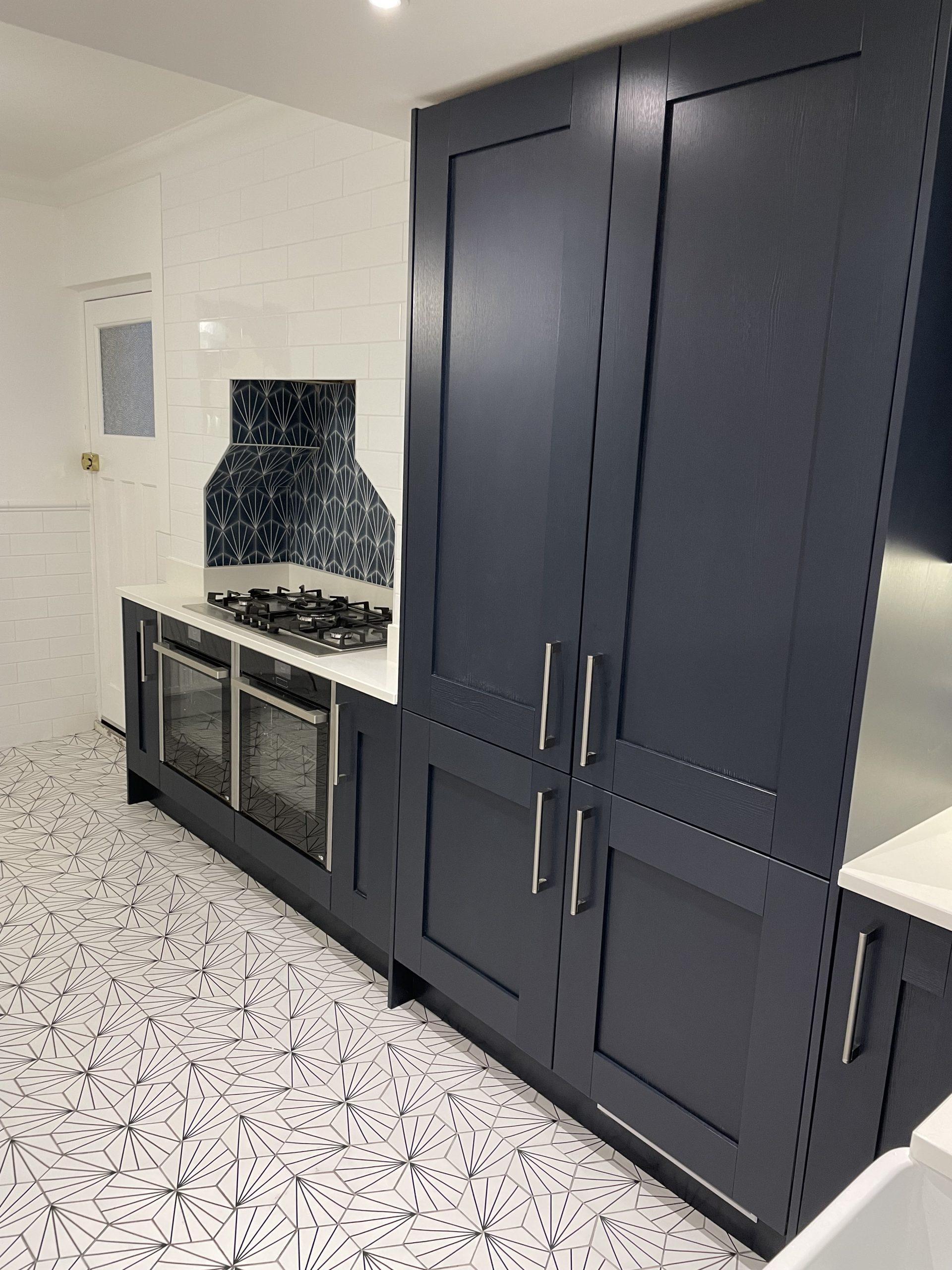 Navy Kitchen Installation with Bespoke Cooker Hood Jaz Wiggins