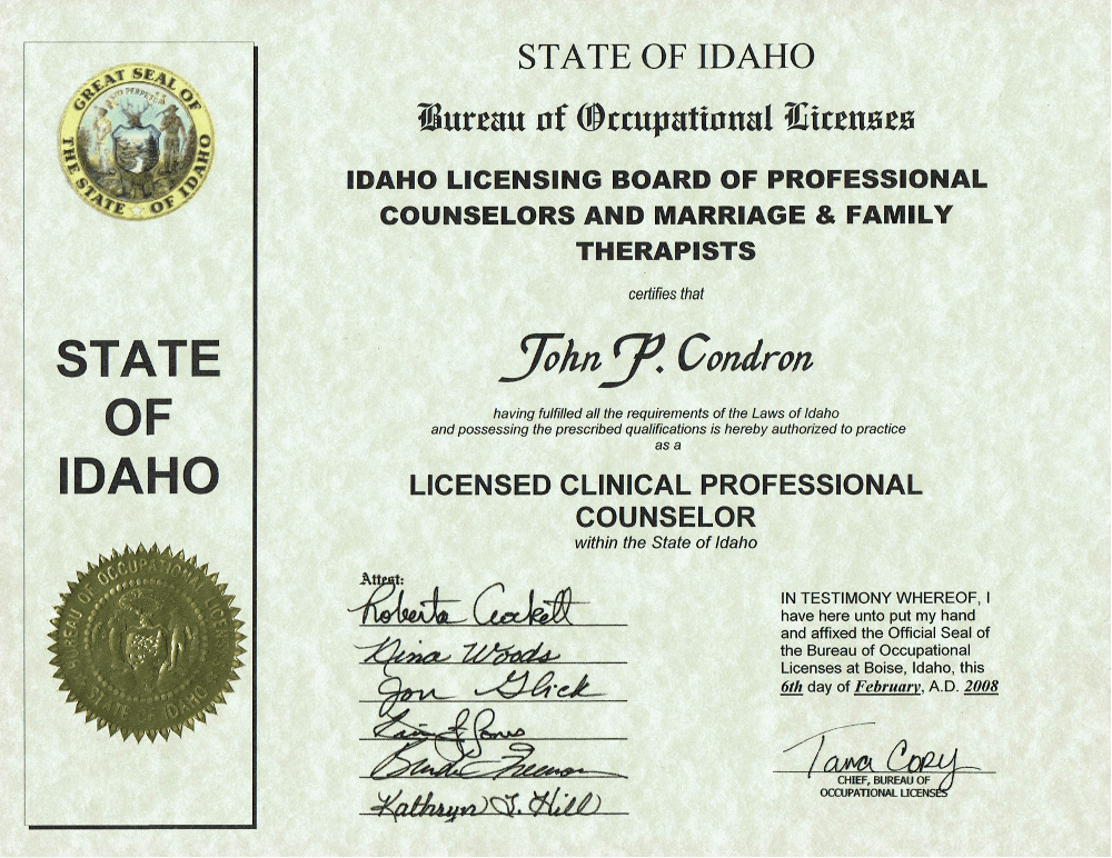 Licenses, Registrations and Certifications John Condron, MS