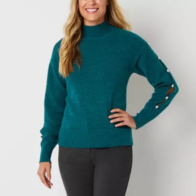 Liz Claiborne Shine Womens Funnel Neck Embellished Long Sleeve Pullover