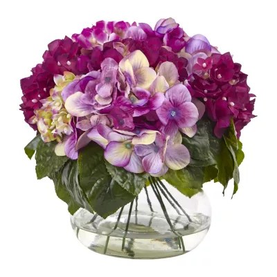 Nearly Natural MultiTone Beauty Hydrangea With Round Glass Vase