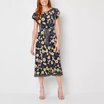 Perceptions Short Sleeve Floral Midi Fit + Flare Dress, Color Navy