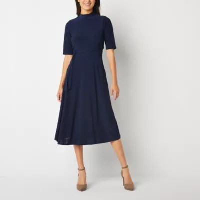 Robbie Bee Petite Short Sleeve Midi Fit + Flare Dress, Color Navy