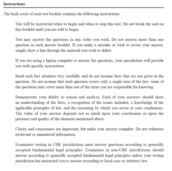 Uniform Bar Exam Essay Instructions read now! JD Advising