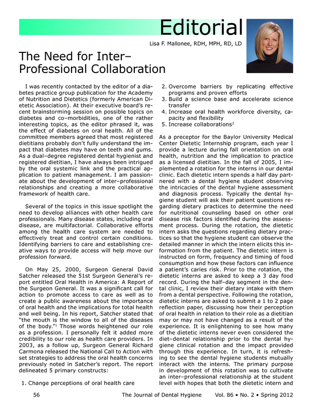 The Need for InterProfessional Collaboration Journal of Dental Hygiene