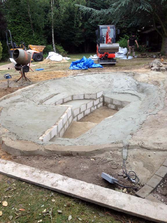 Fibreglass pond with waterfall, path and bridge Calverton JDM Pond