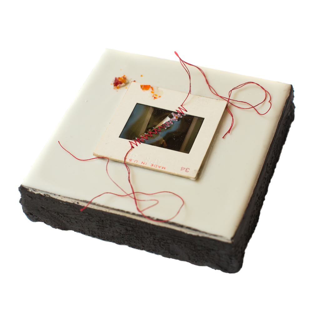 Cradled Wood Panel - Encaustic - 35mm Slide - Thread - Glass - 4x4x1 inches - 2016